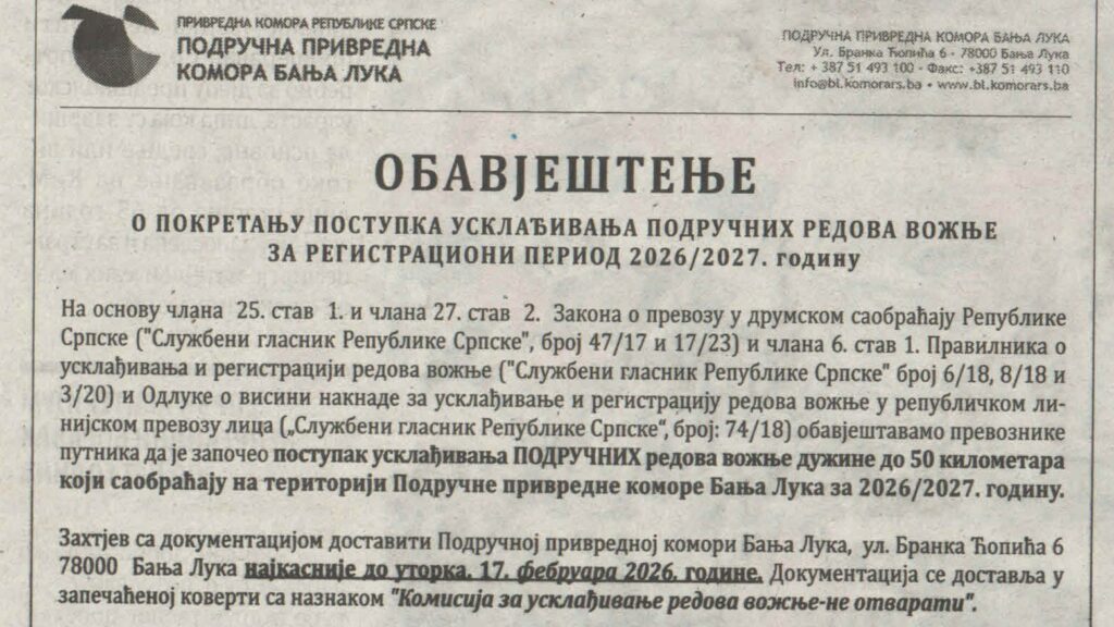 Obavještenje o pokretanju postupka usklađivanja područnih redova vožnje